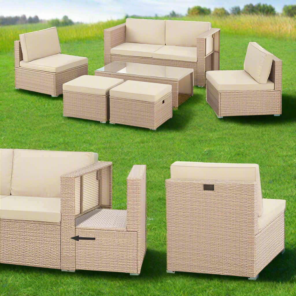 Salon de Jardin Salou en polyrotin - Espace Lounge d'extérieur résistant aux intempéries pour 6 Personnes - Coin Salon avec Table & Coussins - pour Jardin, Balcon, terrasse - Crème/Sable