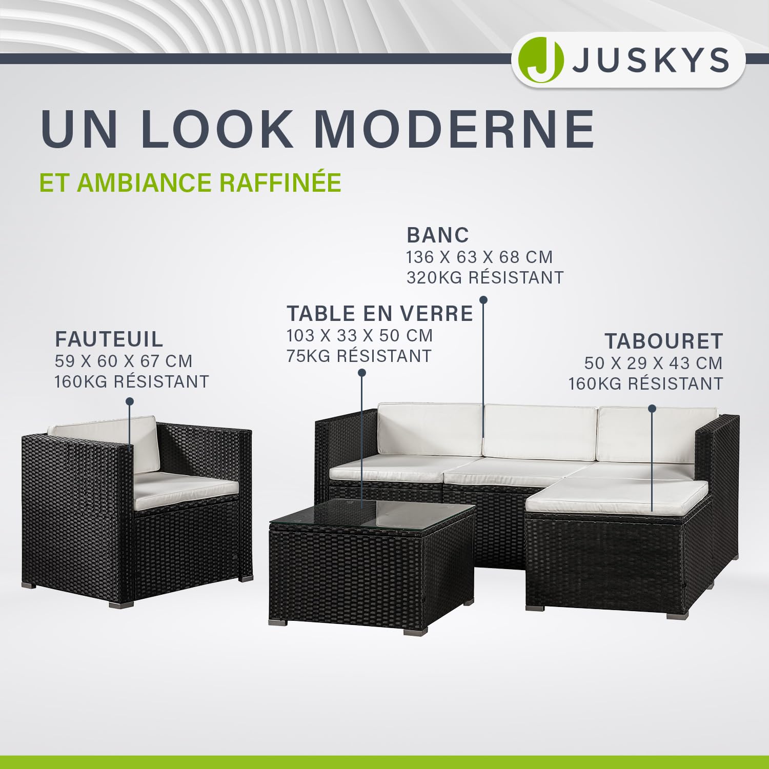 Salon de Jardin en polyrotin Lounge Punta Cana L, résistant aux intempéries - avec canapé, Fauteuil, Tabouret, Table & Coussins - 4-5 Personnes - Ensemble de Meubles de Jardin Gris chiné