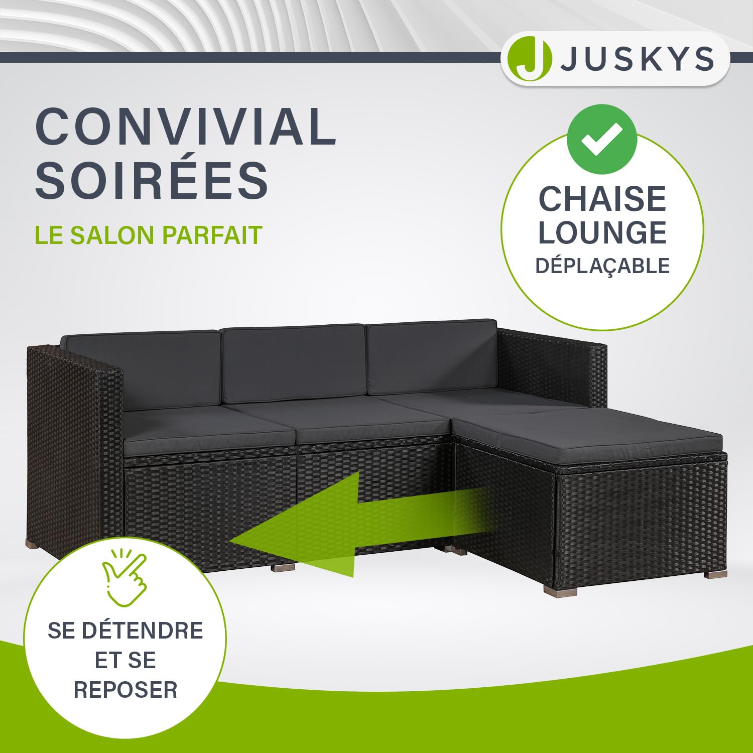 Salon de Jardin en polyrotin Lounge Punta Cana L, résistant aux intempéries - avec canapé, Fauteuil, Tabouret, Table & Coussins - 4-5 Personnes - Ensemble de Meubles de Jardin Gris chiné