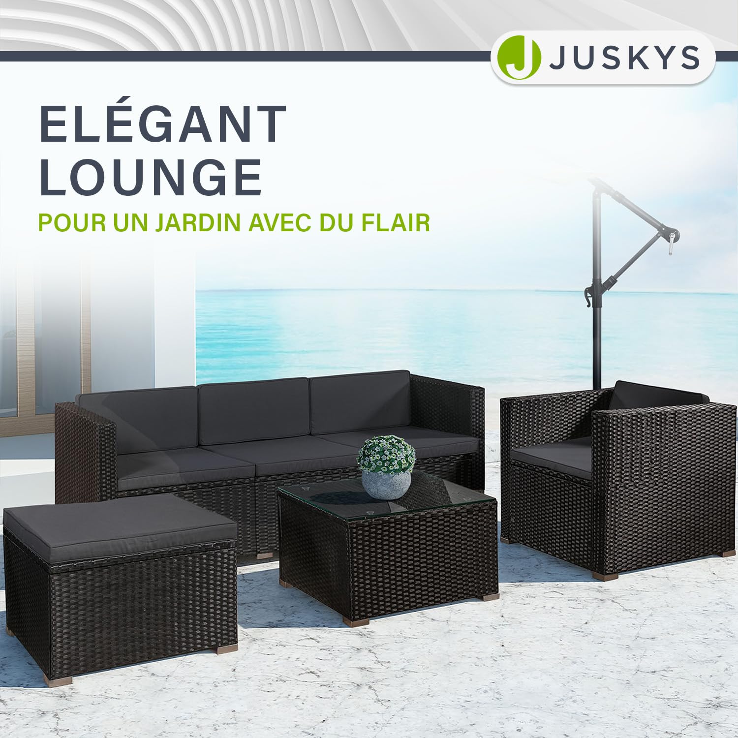 Salon de Jardin en polyrotin Lounge Punta Cana L, résistant aux intempéries - avec canapé, Fauteuil, Tabouret, Table & Coussins - 4-5 Personnes - Ensemble de Meubles de Jardin Gris chiné