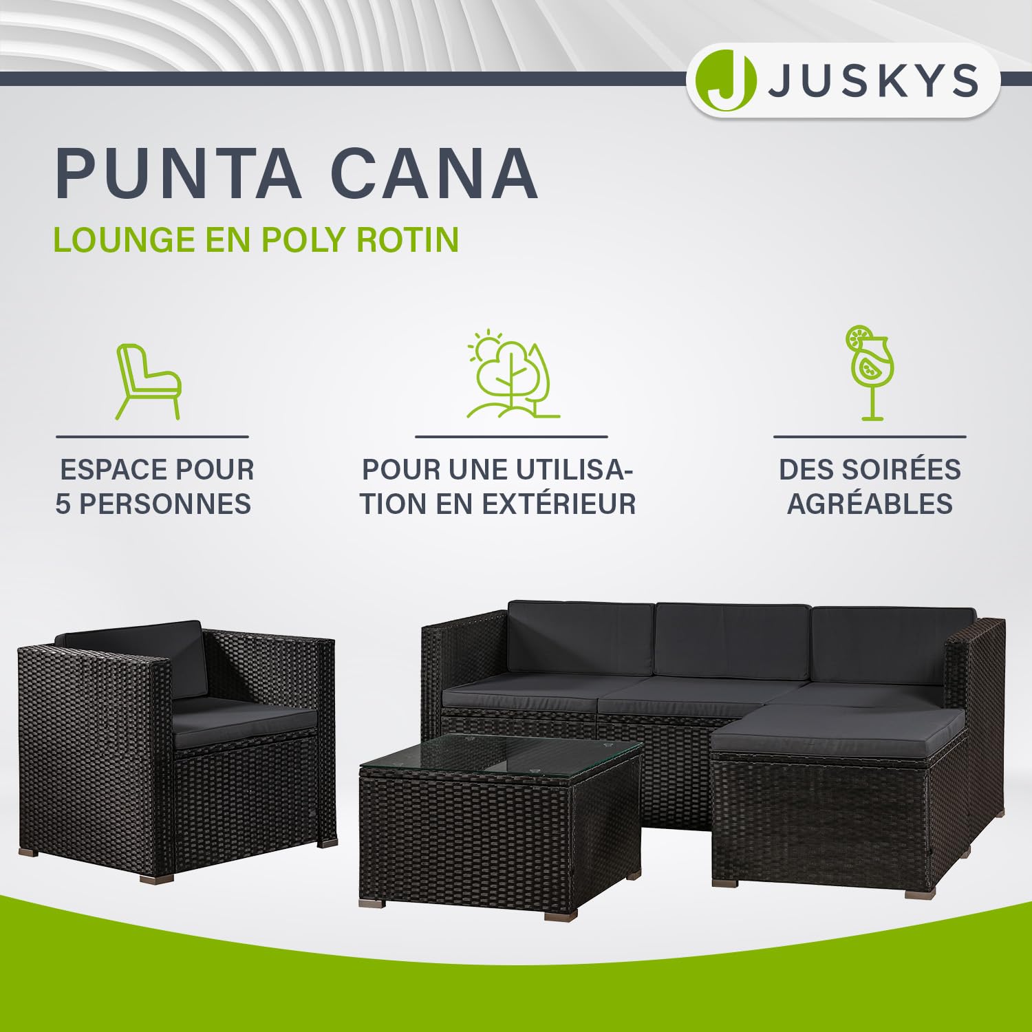 Salon de Jardin en polyrotin Lounge Punta Cana L, résistant aux intempéries - avec canapé, Fauteuil, Tabouret, Table & Coussins - 4-5 Personnes - Ensemble de Meubles de Jardin Gris chiné