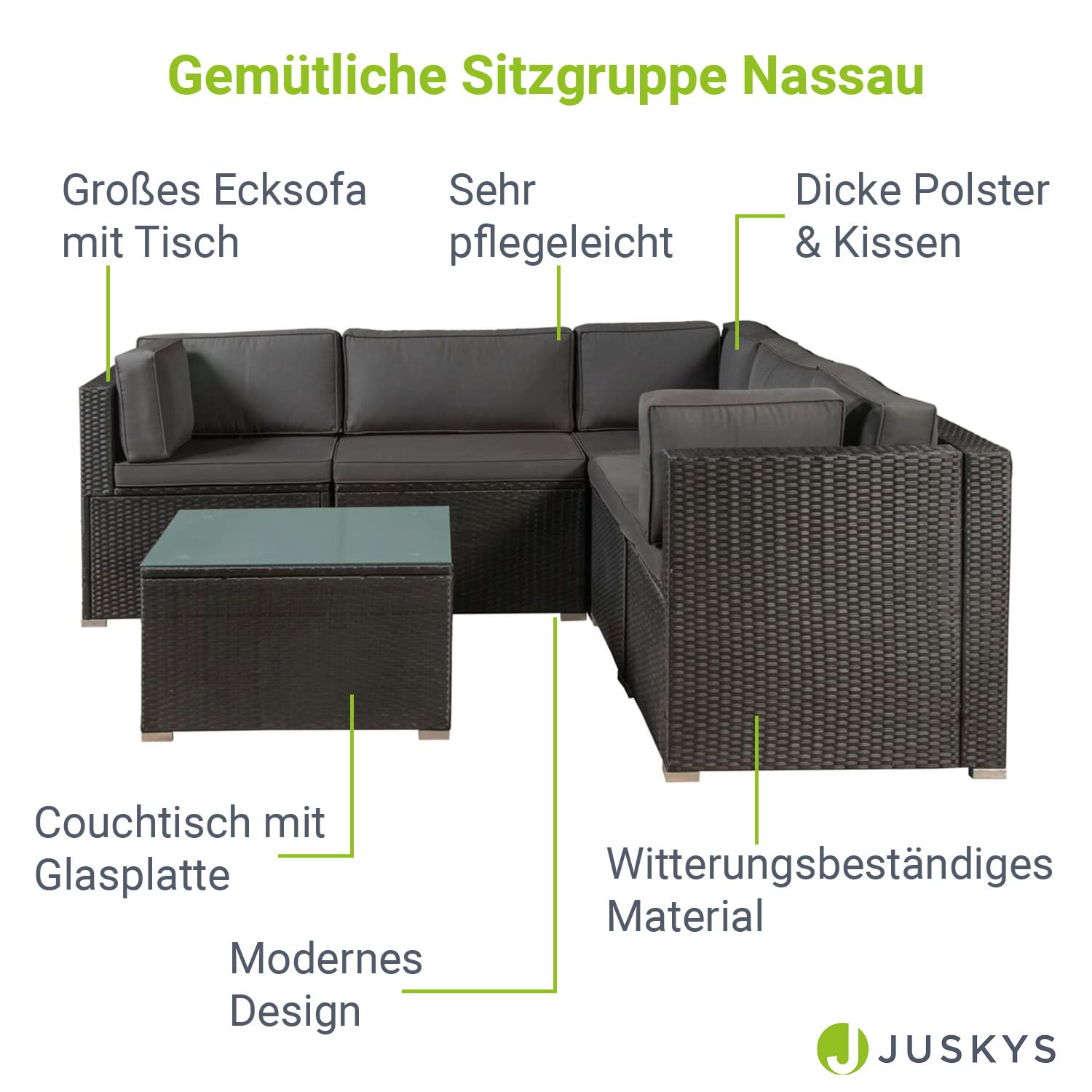 Ensemble de Meubles de Jardin Nassau en polyrotin résistant aux intempéries - Salon Lounge avec canapé d'angle, Table & Coussins - Salon de Jardin pour 5 Personnes - Gris Beige