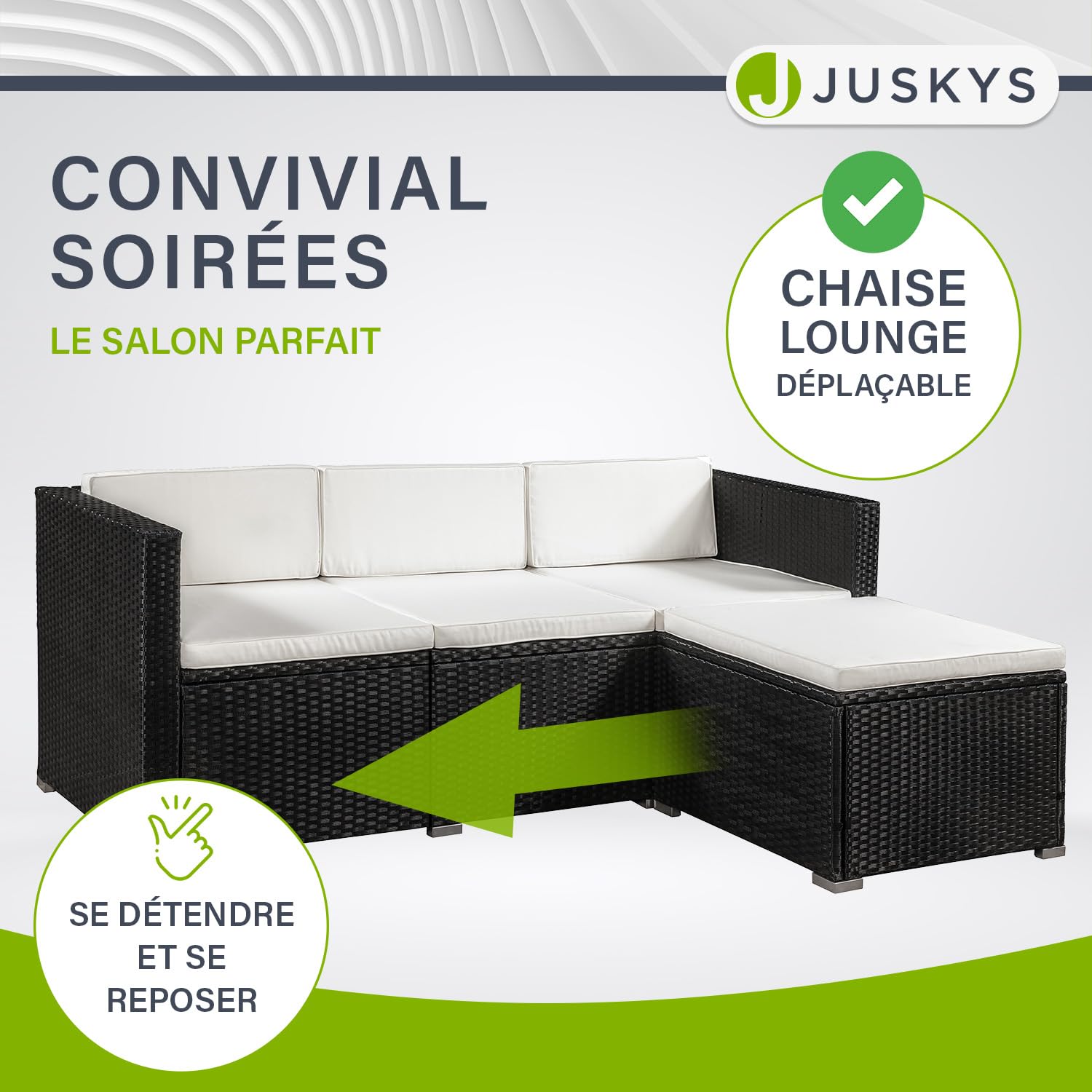 Salon de Jardin en polyrotin Lounge Punta Cana L, résistant aux intempéries - avec canapé, Fauteuil, Tabouret, Table & Coussins - 4-5 Personnes - Ensemble de Meubles de Jardin Gris chiné