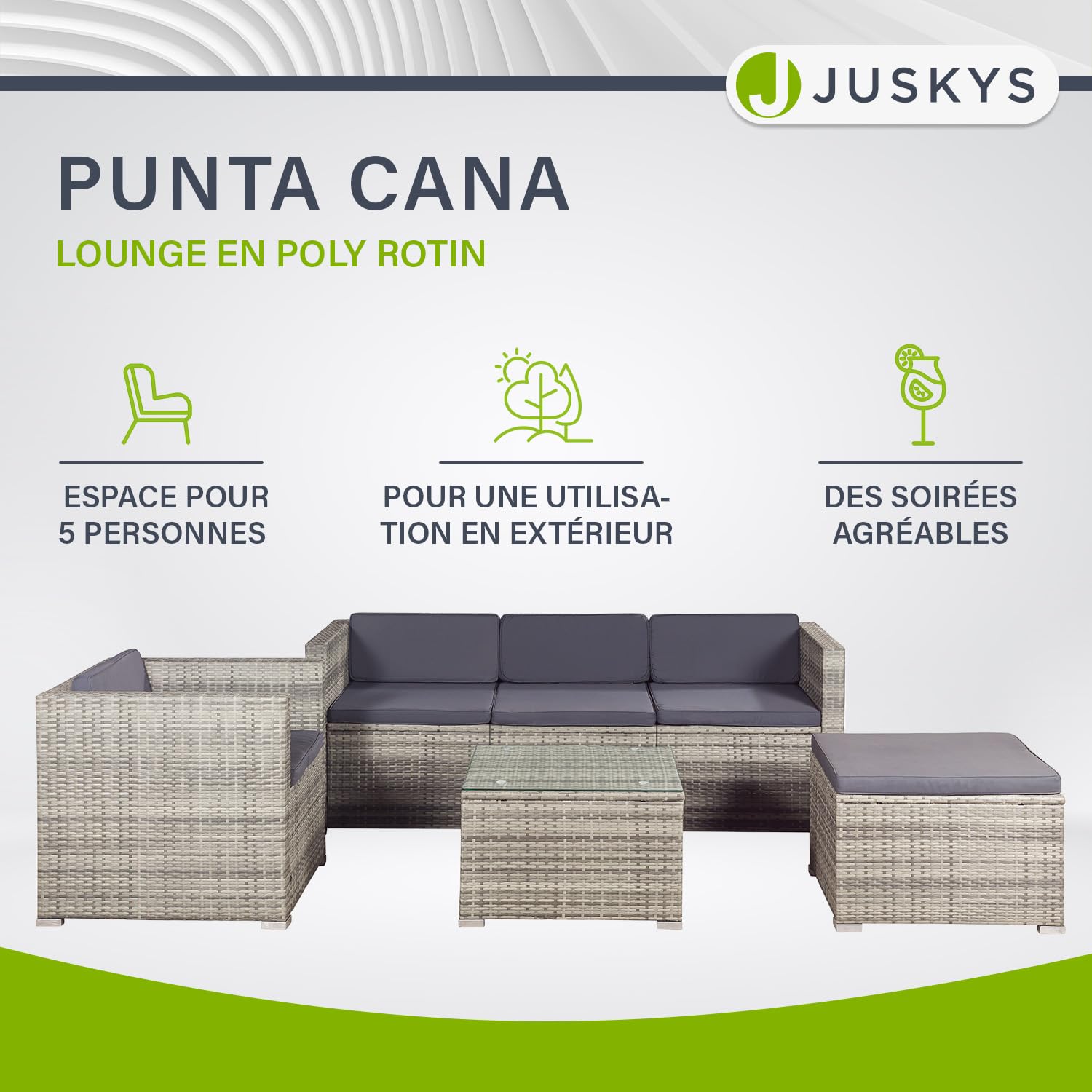 Salon de jardin polyrotin Punta Cana L - 4-5 pers, gris chiné