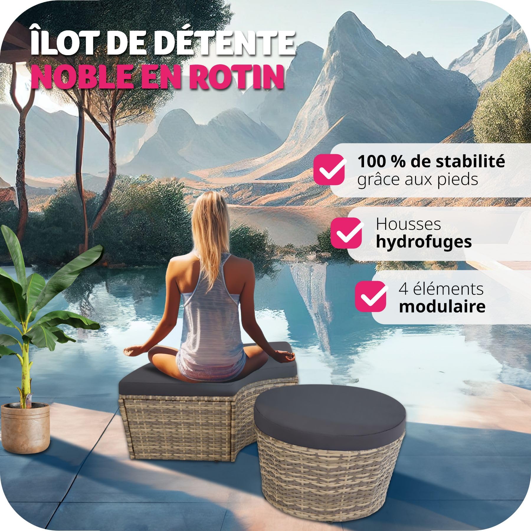 Salon de jardin exterieur Modulable en Résine tressée avec Pare Soleil Pliable, Coussins Inclus, Chaise longue Relax Mobilier de Jardin pour Amenagement Balcon Terrasse Veranda