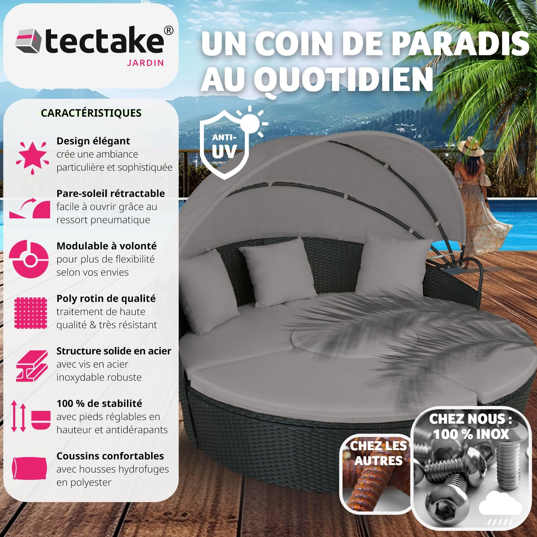 Salon de jardin exterieur Modulable en Résine tressée avec Pare Soleil Pliable, Coussins Inclus, Chaise longue Relax Mobilier de Jardin pour Amenagement Balcon Terrasse Veranda