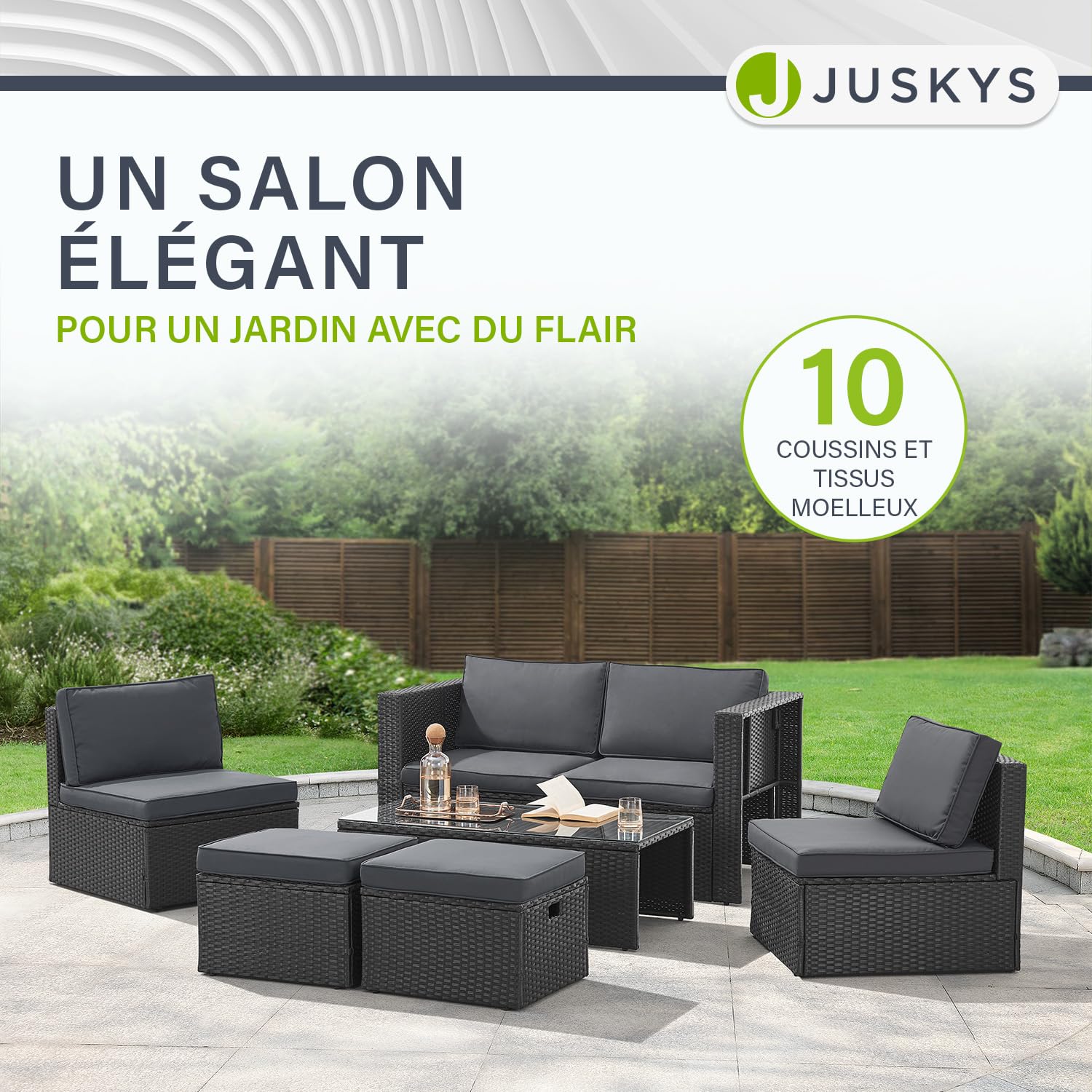 Salon de Jardin Salou en polyrotin - Espace Lounge d'extérieur résistant aux intempéries pour 6 Personnes - Coin Salon avec Table & Coussins - pour Jardin, Balcon, terrasse - Crème/Sable