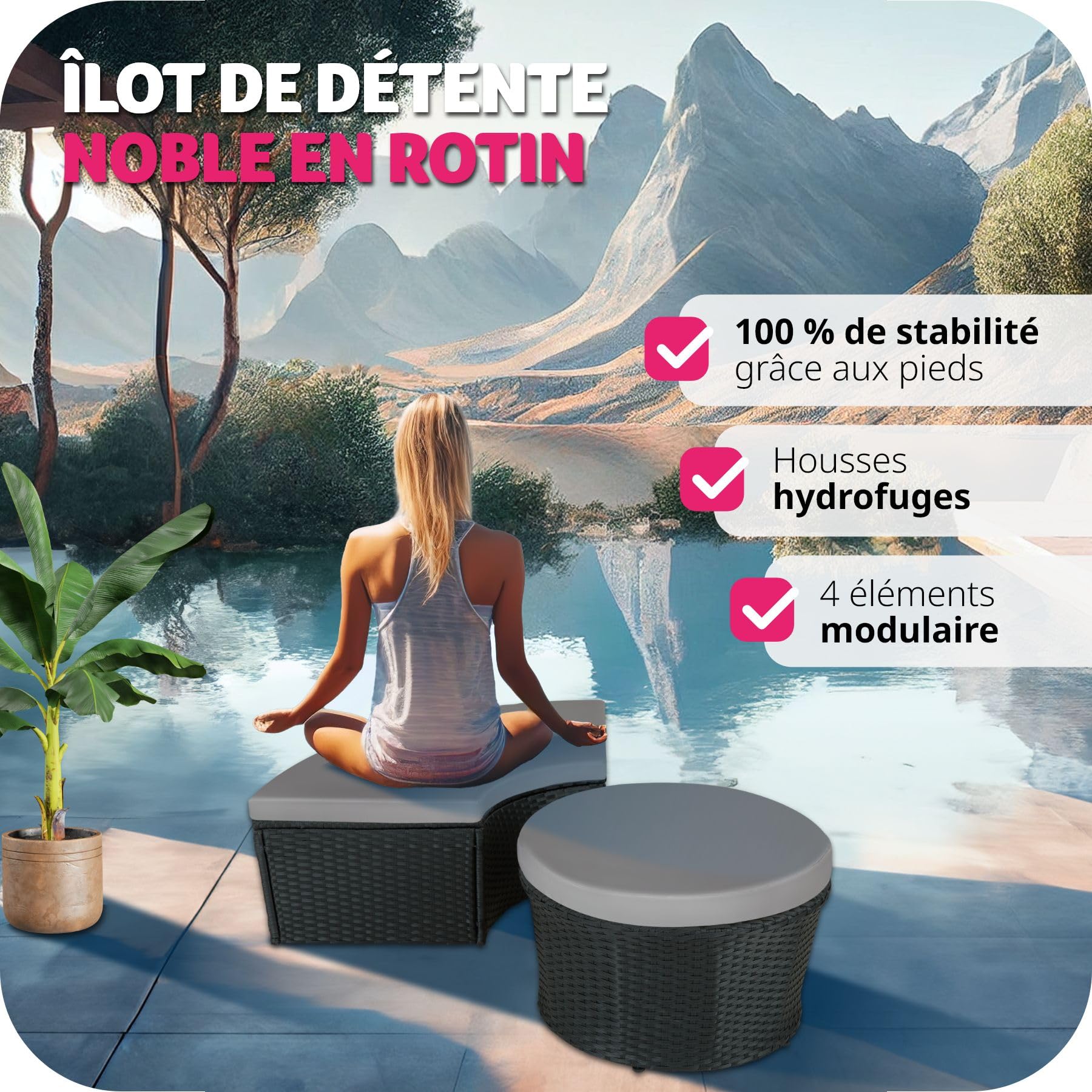 Salon de jardin exterieur Modulable en Résine tressée avec Pare Soleil Pliable, Coussins Inclus, Chaise longue Relax Mobilier de Jardin pour Amenagement Balcon Terrasse Veranda