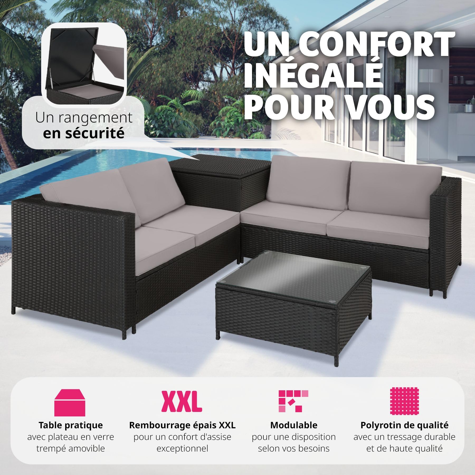 Salon de Jardin Exterieur en Poly Rotin 4 Personnes, 2 Canapés modulables, Coffre de Rangement et Table de Jardin en Verre Inclus, Mobilier de Jardin pour Amenagement Balcon