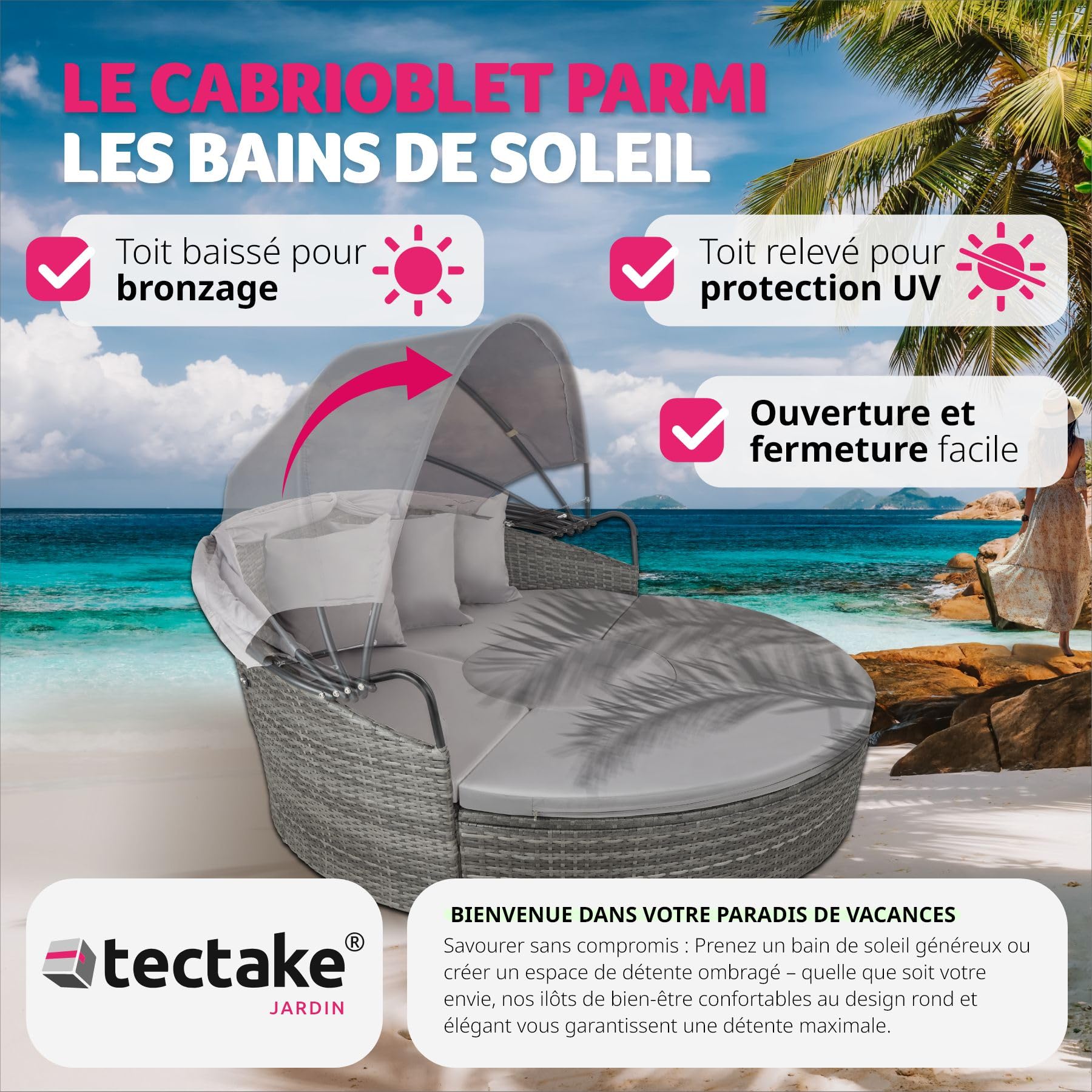 Salon de jardin exterieur Modulable en Résine tressée avec Pare Soleil Pliable, Coussins Inclus, Chaise longue Relax Mobilier de Jardin pour Amenagement Balcon Terrasse Veranda