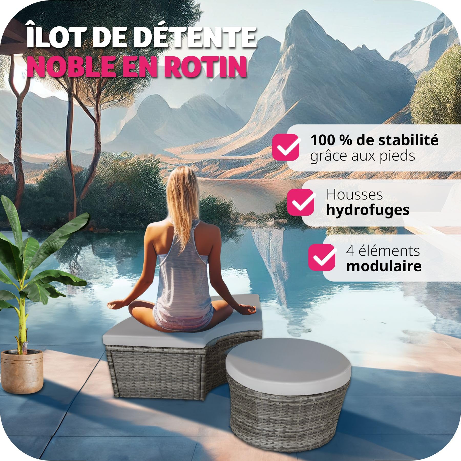 Salon de jardin exterieur Modulable en Résine tressée avec Pare Soleil Pliable, Coussins Inclus, Chaise longue Relax Mobilier de Jardin pour Amenagement Balcon Terrasse Veranda