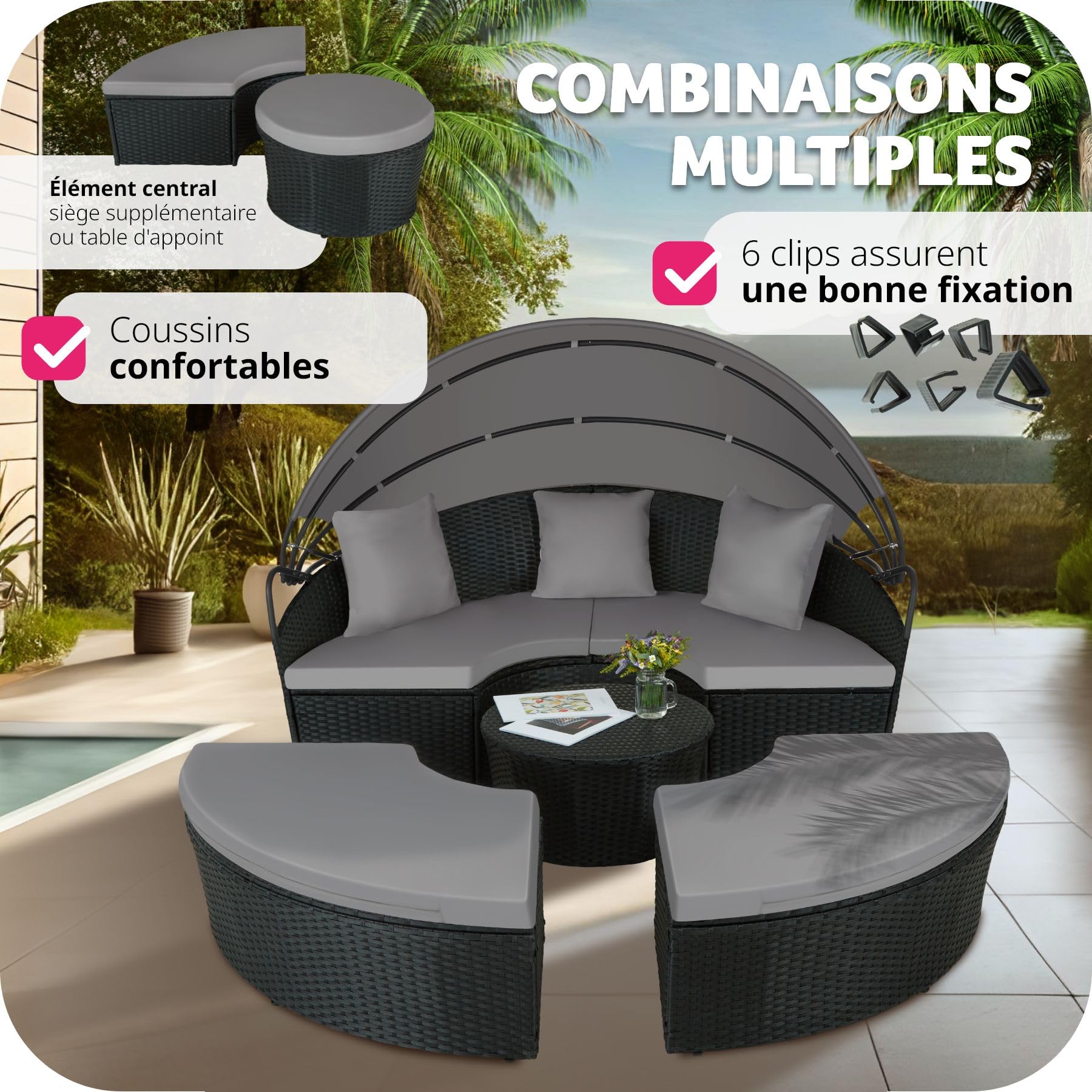 Salon de jardin exterieur Modulable en Résine tressée avec Pare Soleil Pliable, Coussins Inclus, Chaise longue Relax Mobilier de Jardin pour Amenagement Balcon Terrasse Veranda