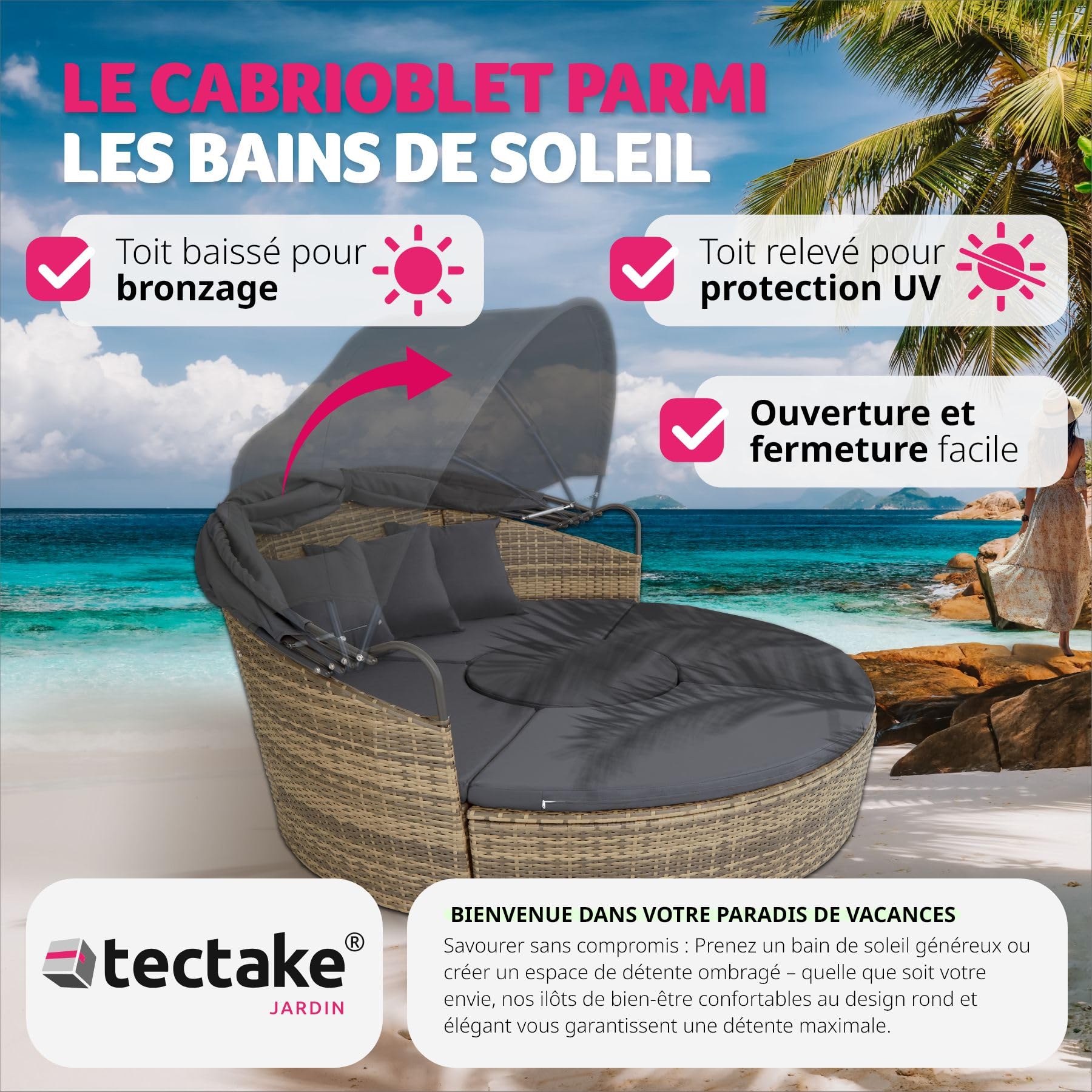 Salon de jardin exterieur Modulable en Résine tressée avec Pare Soleil Pliable, Coussins Inclus, Chaise longue Relax Mobilier de Jardin pour Amenagement Balcon Terrasse Veranda