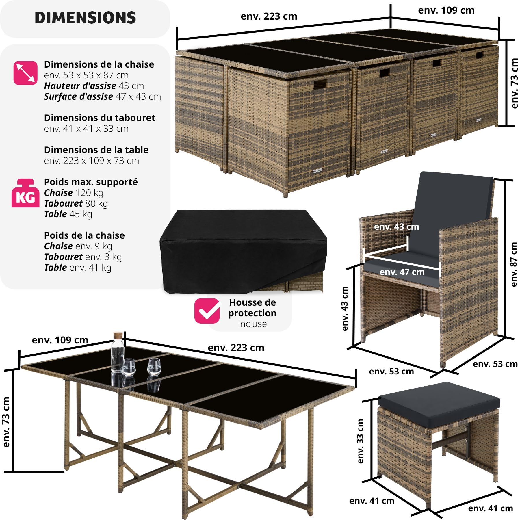 Salon de Jardin en Résine Tressée Ensemble Repas de Jardin Exterieur 8 Chaise Confortable 4 Tabouret de Jardin 1 Table Mobilier Jardin Amenagement Balcon Terrasse – Gris/Gris Clair