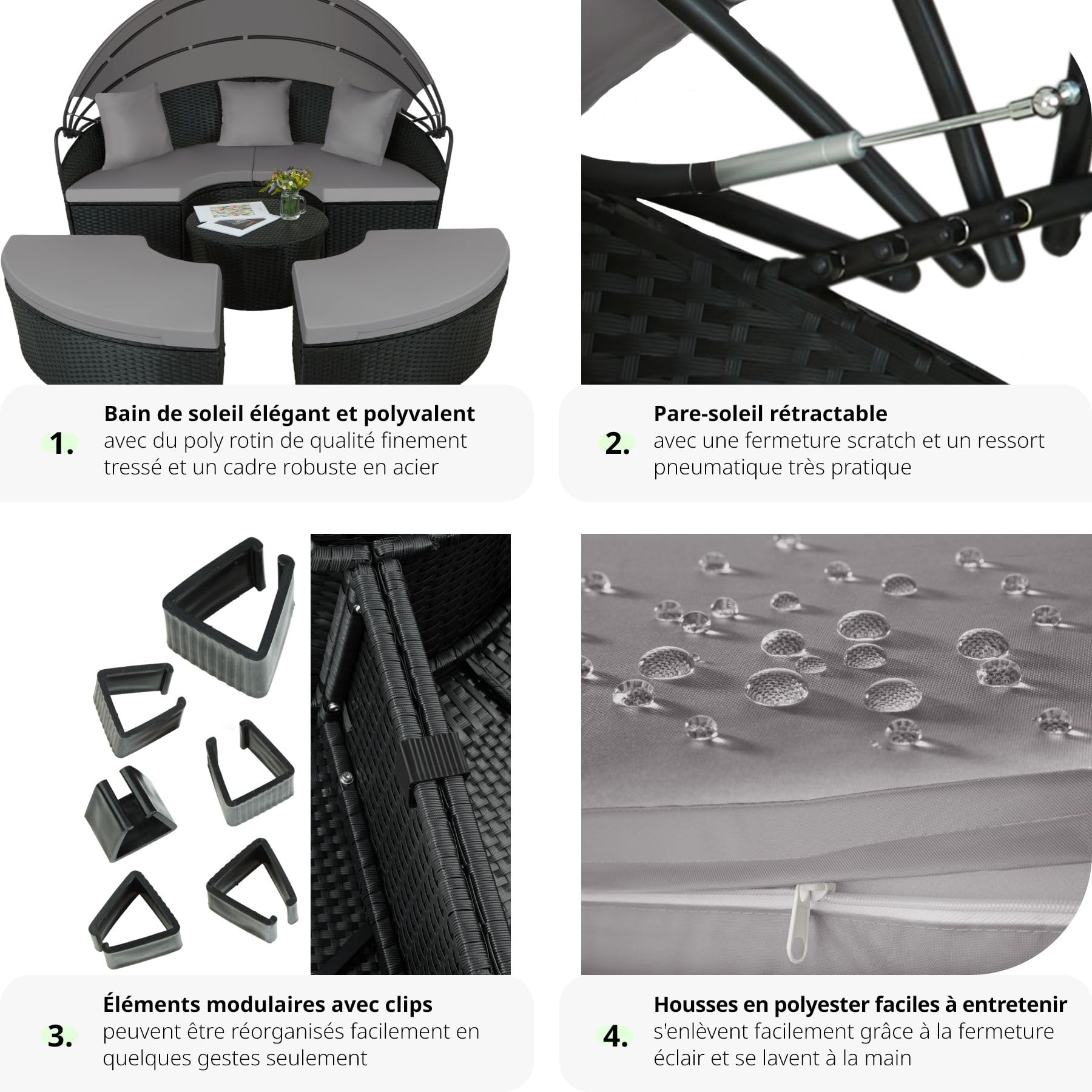 Salon de jardin exterieur Modulable en Résine tressée avec Pare Soleil Pliable, Coussins Inclus, Chaise longue Relax Mobilier de Jardin pour Amenagement Balcon Terrasse Veranda