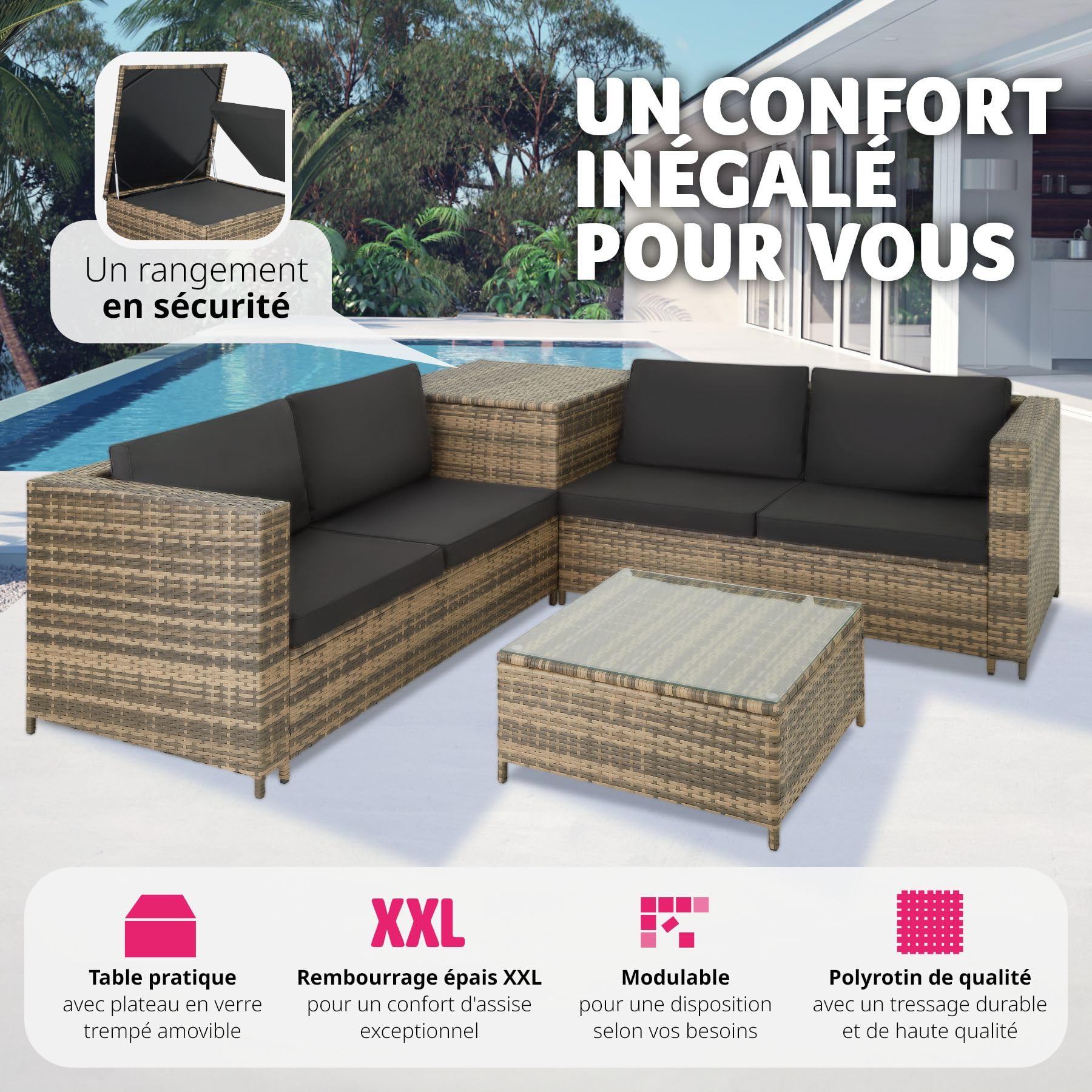 Salon de Jardin Exterieur en Poly Rotin 4 Personnes, 2 Canapés modulables, Coffre de Rangement et Table de Jardin en Verre Inclus, Mobilier de Jardin pour Amenagement Balcon