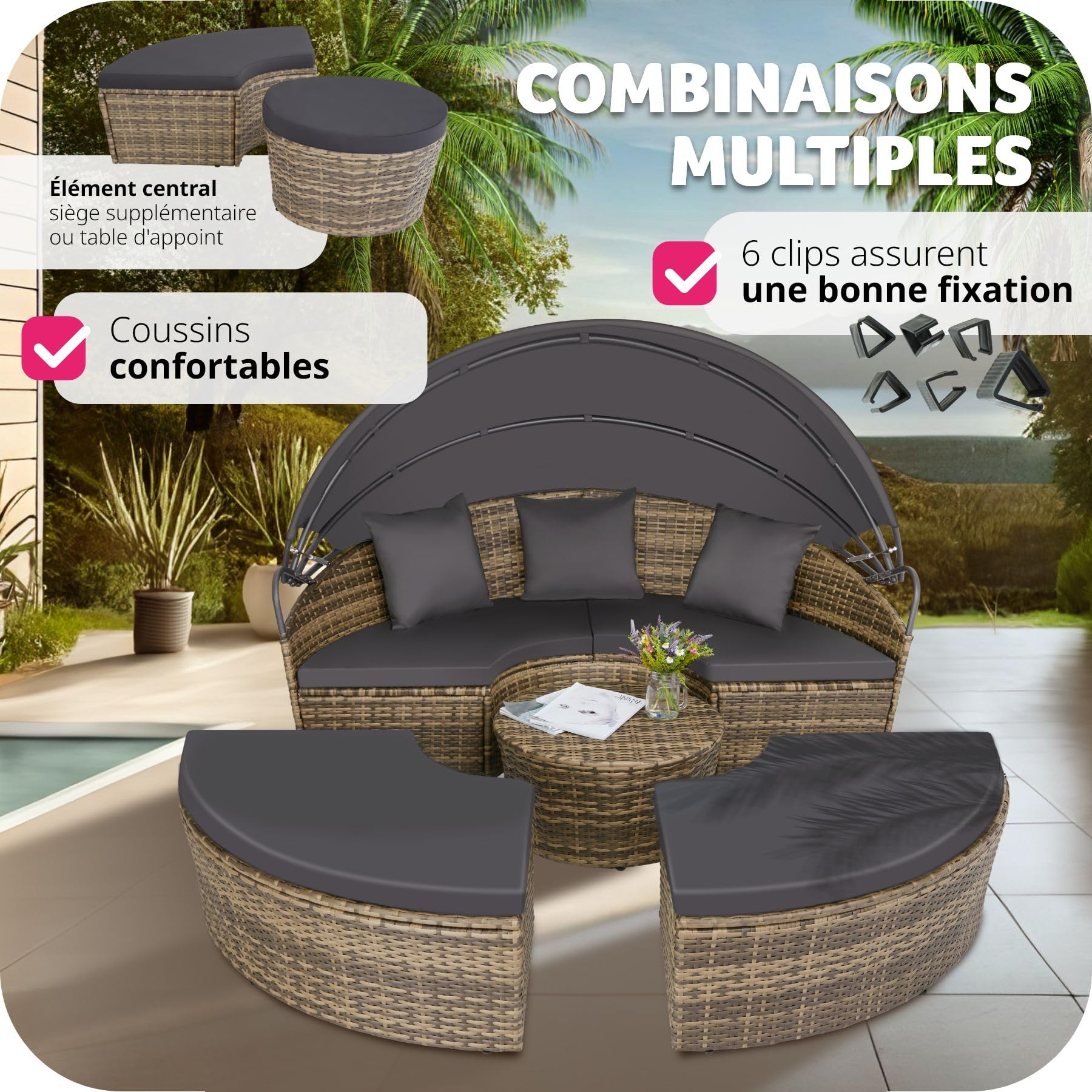 Salon de jardin exterieur Modulable en Résine tressée avec Pare Soleil Pliable, Coussins Inclus, Chaise longue Relax Mobilier de Jardin pour Amenagement Balcon Terrasse Veranda