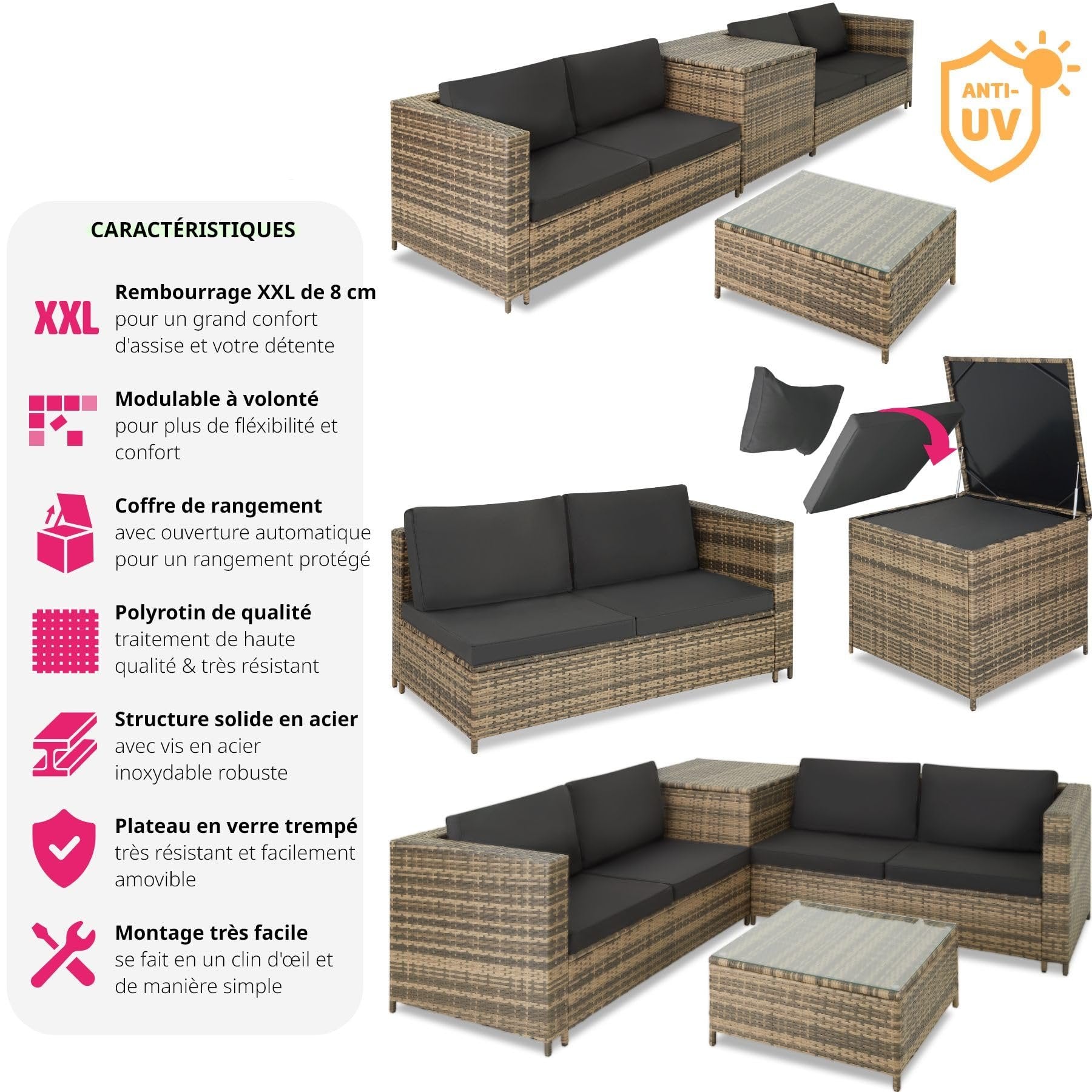 Salon de Jardin Exterieur en Poly Rotin 4 Personnes, 2 Canapés modulables, Coffre de Rangement et Table de Jardin en Verre Inclus, Mobilier de Jardin pour Amenagement Balcon