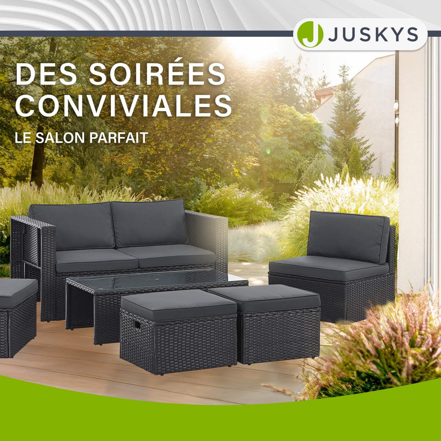 Salon de Jardin Salou en polyrotin - Espace Lounge d'extérieur résistant aux intempéries pour 6 Personnes - Coin Salon avec Table & Coussins - pour Jardin, Balcon, terrasse - Crème/Sable