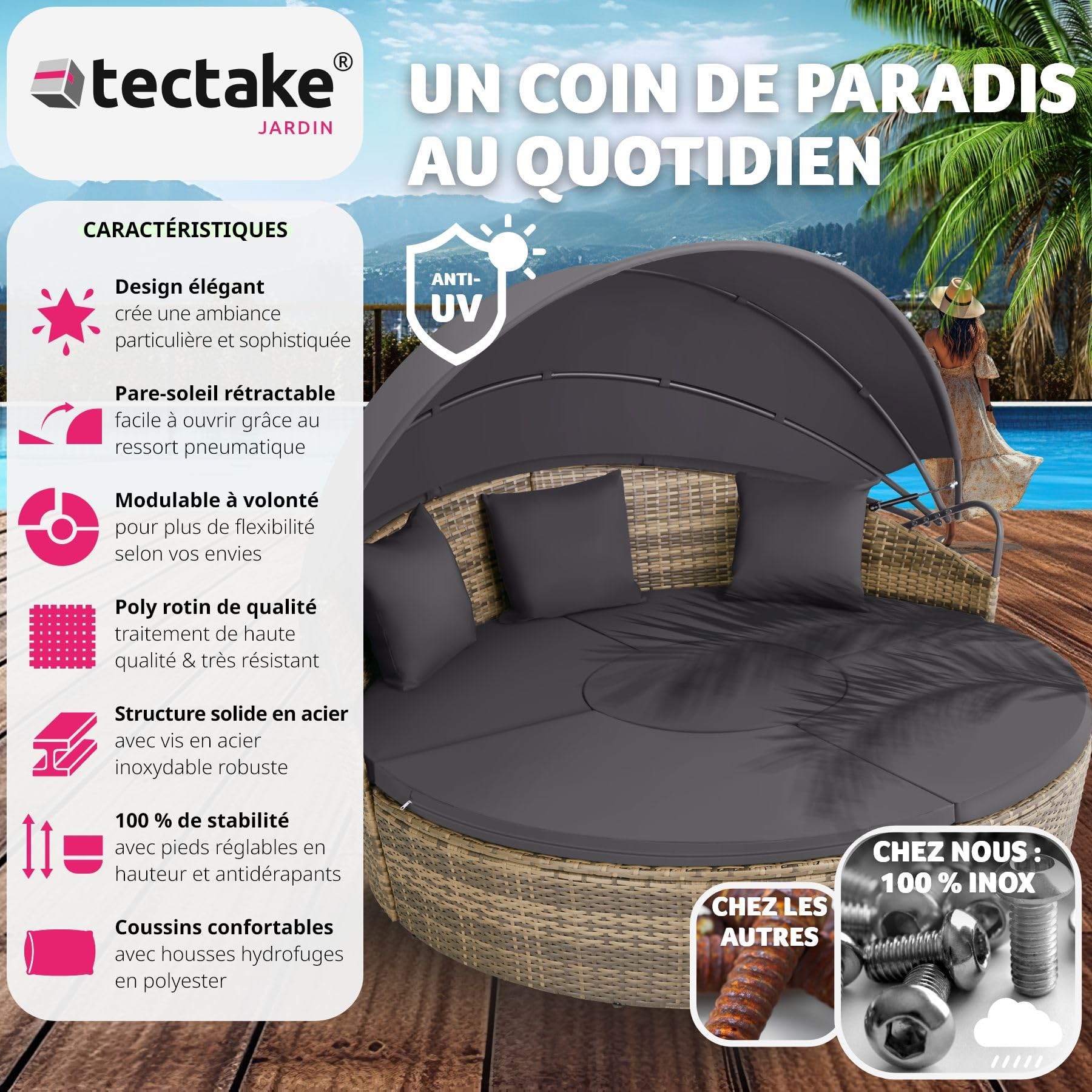 Salon de jardin exterieur Modulable en Résine tressée avec Pare Soleil Pliable, Coussins Inclus, Chaise longue Relax Mobilier de Jardin pour Amenagement Balcon Terrasse Veranda