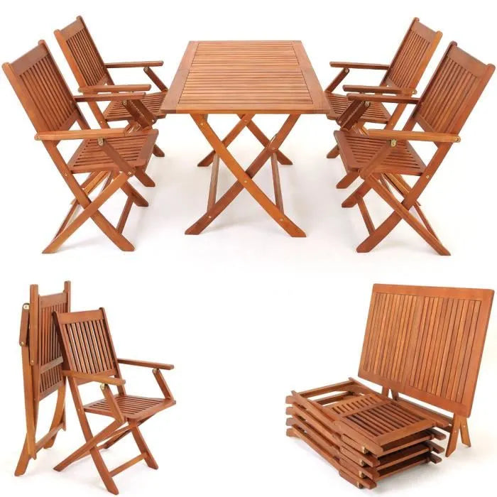 Table de jardin en bois d'acacia et 4 chaises pliantes Meubles de jardin d'extérieur