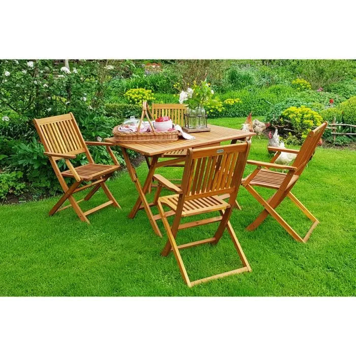 Table de jardin en bois d'acacia et 4 chaises pliantes Meubles de jardin d'extérieur